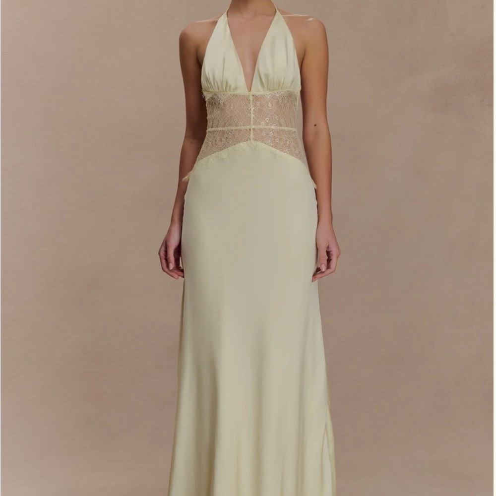 Meshki Dinah Lace And Satin Maxi Dress - Lemon / Yellow. Size Small - Picture 2 of 5